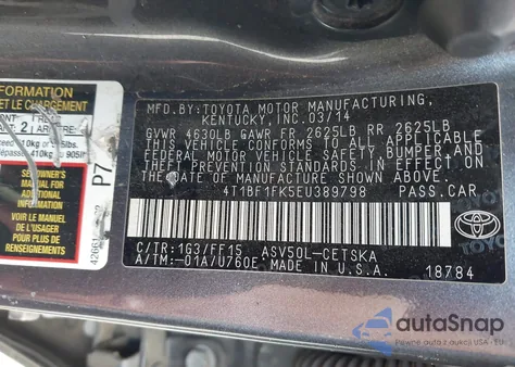 2014 Toyota Camry Se z USA, uszkodzony, nr VIN 4T1BF1FK5EU389798